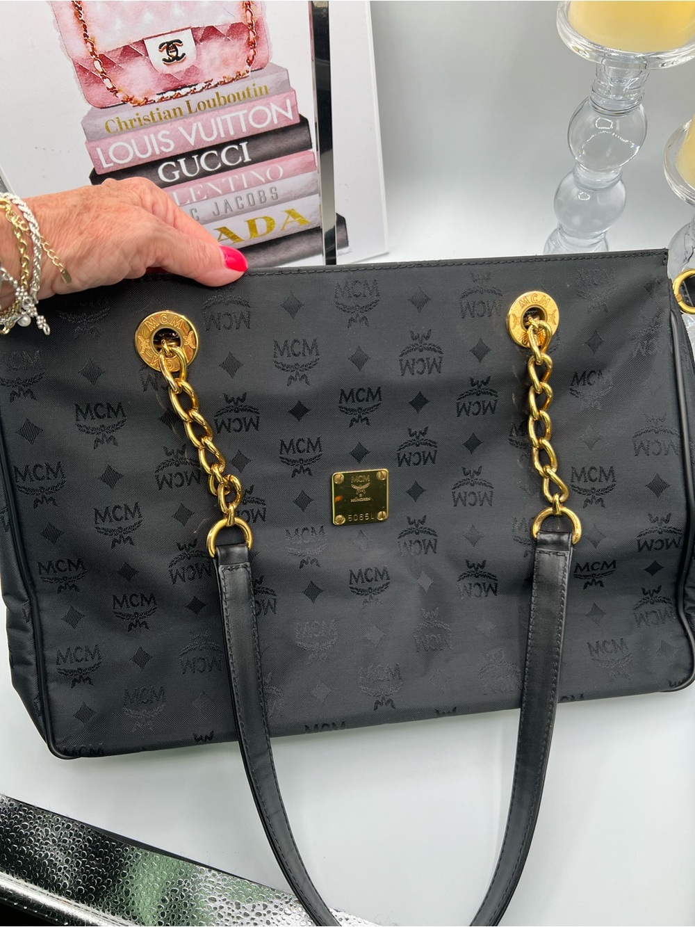 MCM Shoulder Tote with Gold Chain Accents